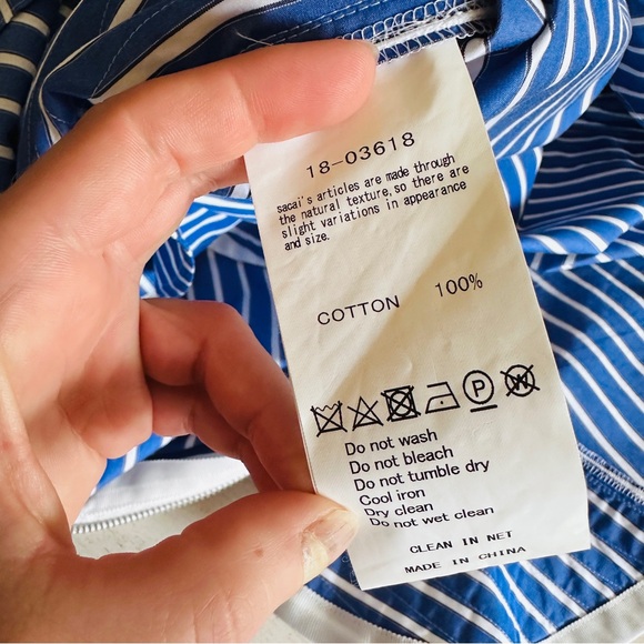 SACAI Blue Cotton Poplin Stripe Parachute Short Sleeve Collared Shirt Dress - Picture 11 of 11
